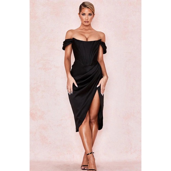 NWT House of CB Loretta Off the Shoulder Satin Corset‎ Dress Black - Size Small - Picture 2 of 15